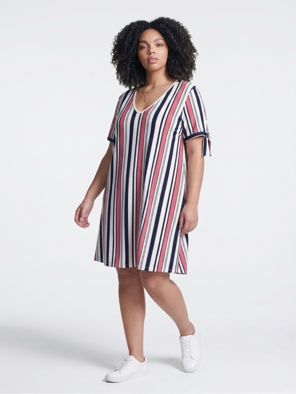 Vibe Striped V-Neck Swim Cover-Up Dress in Pink, Navy & White
